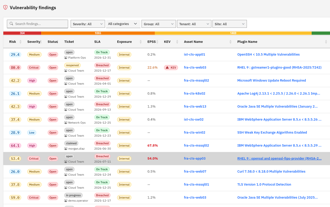 The findings table with risk score, exploitation data and owners